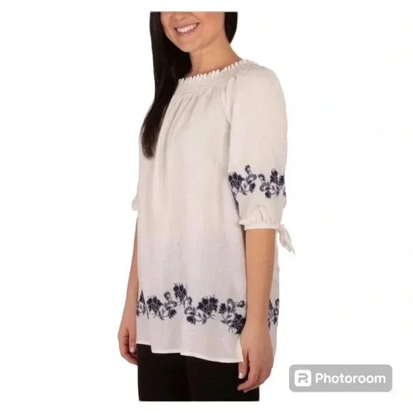 NY Collection Embroidered Elbow Sleeve Peasant Blouse in white, LARGE - Picture 6 of 7